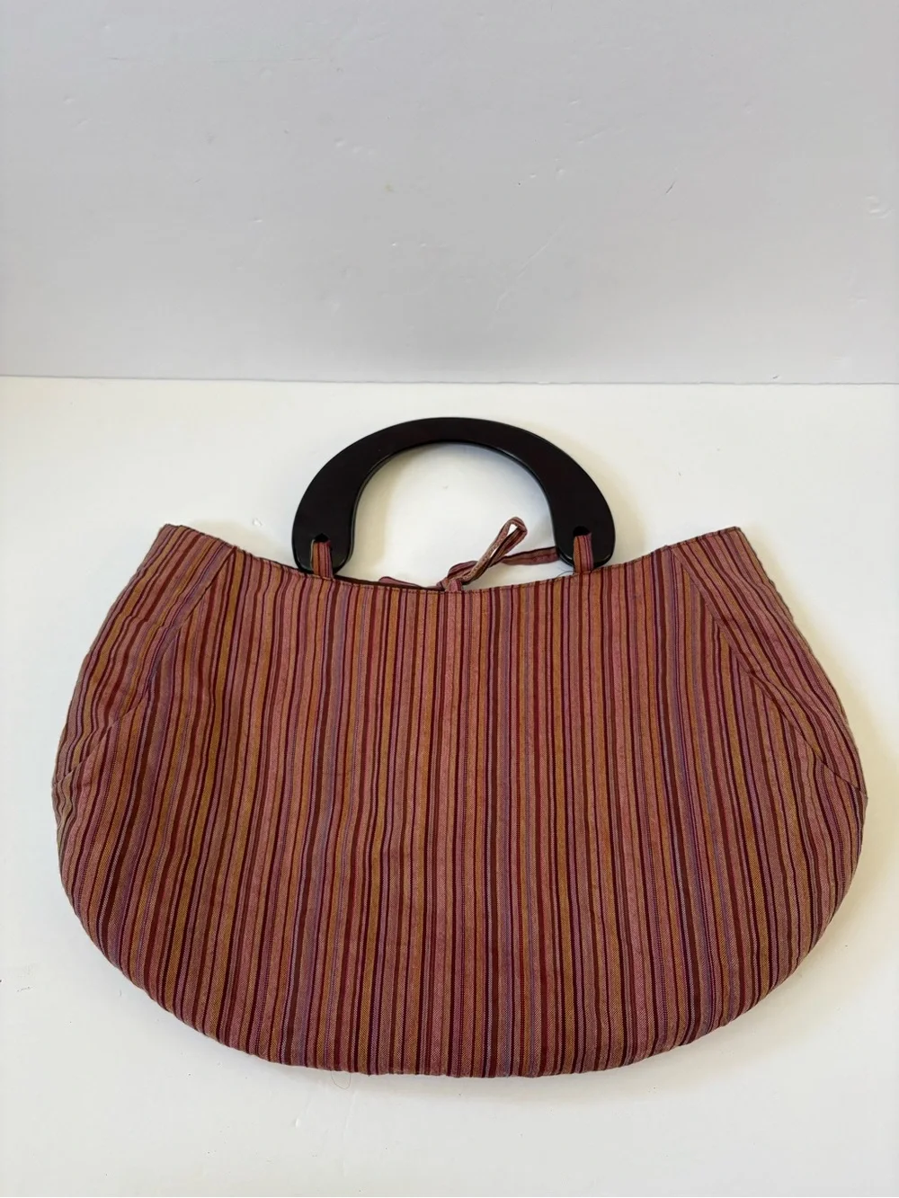 VNTG‎ Crescent Moon Orange Red Stripe Floral Embroidery Bag Purse Wooden Handle